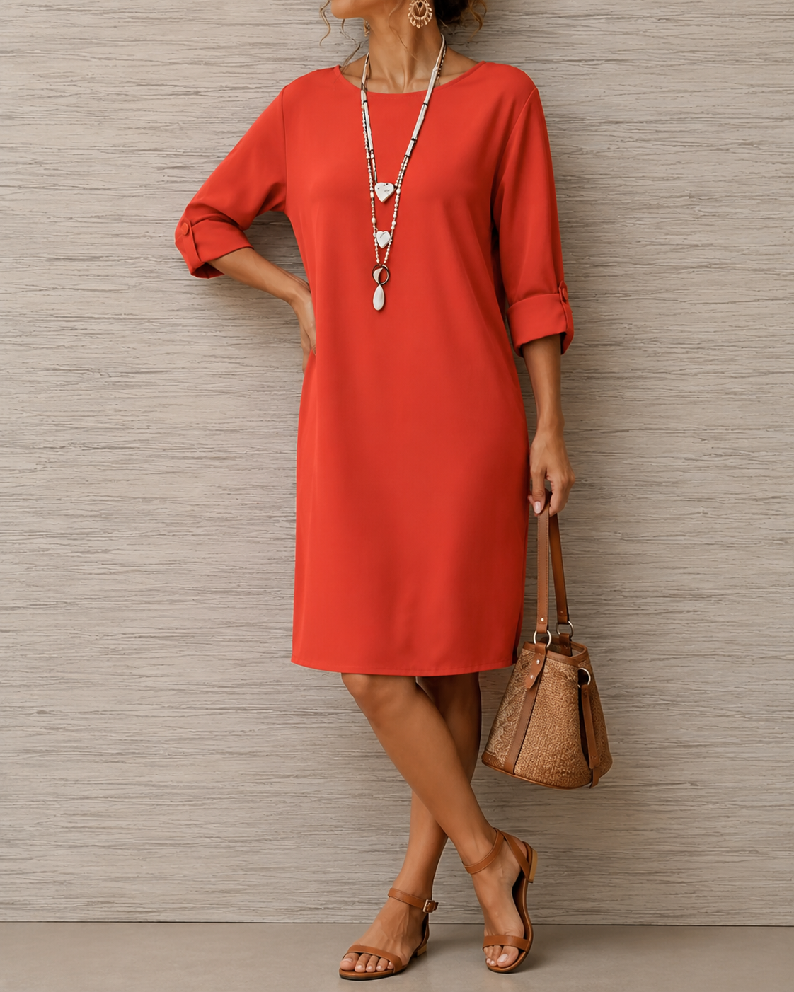 Round Neck Roll-Tab Sleeve Pocket Shift Midi Dress 5