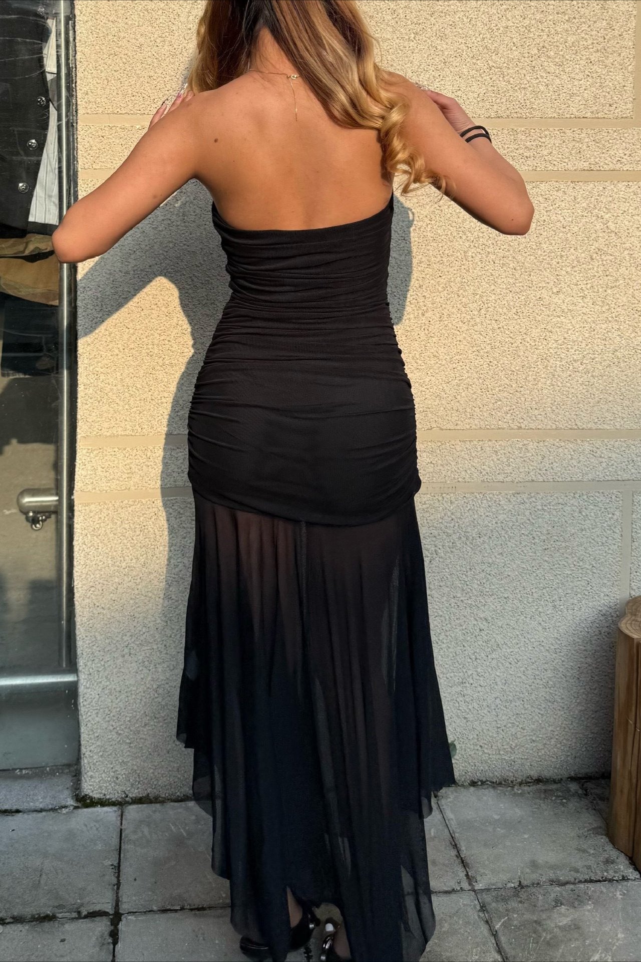Solid Strapless Mesh Panel Party Dress