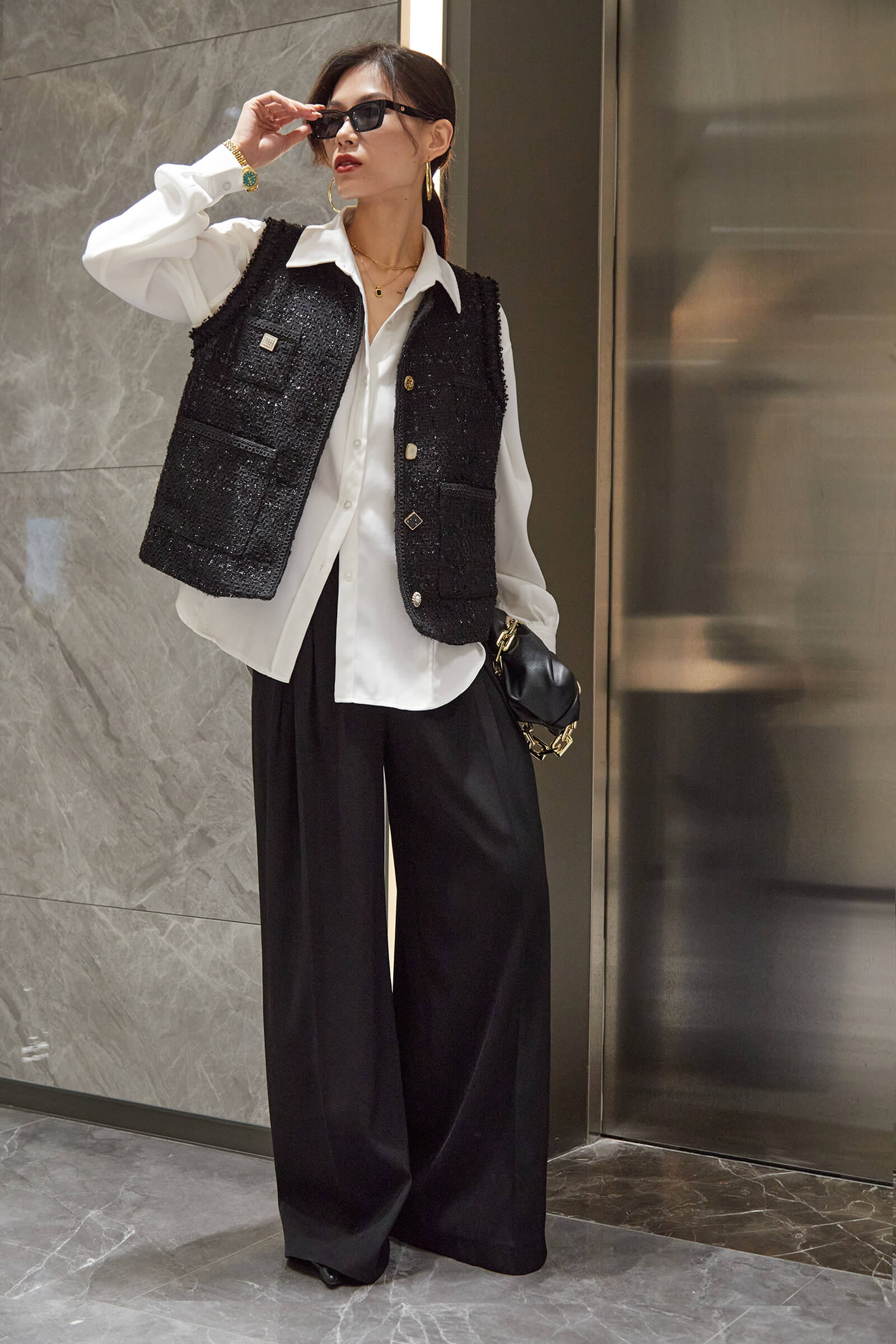 Black Crew Neck Frayed Trim Button-Up Tweed Vest
