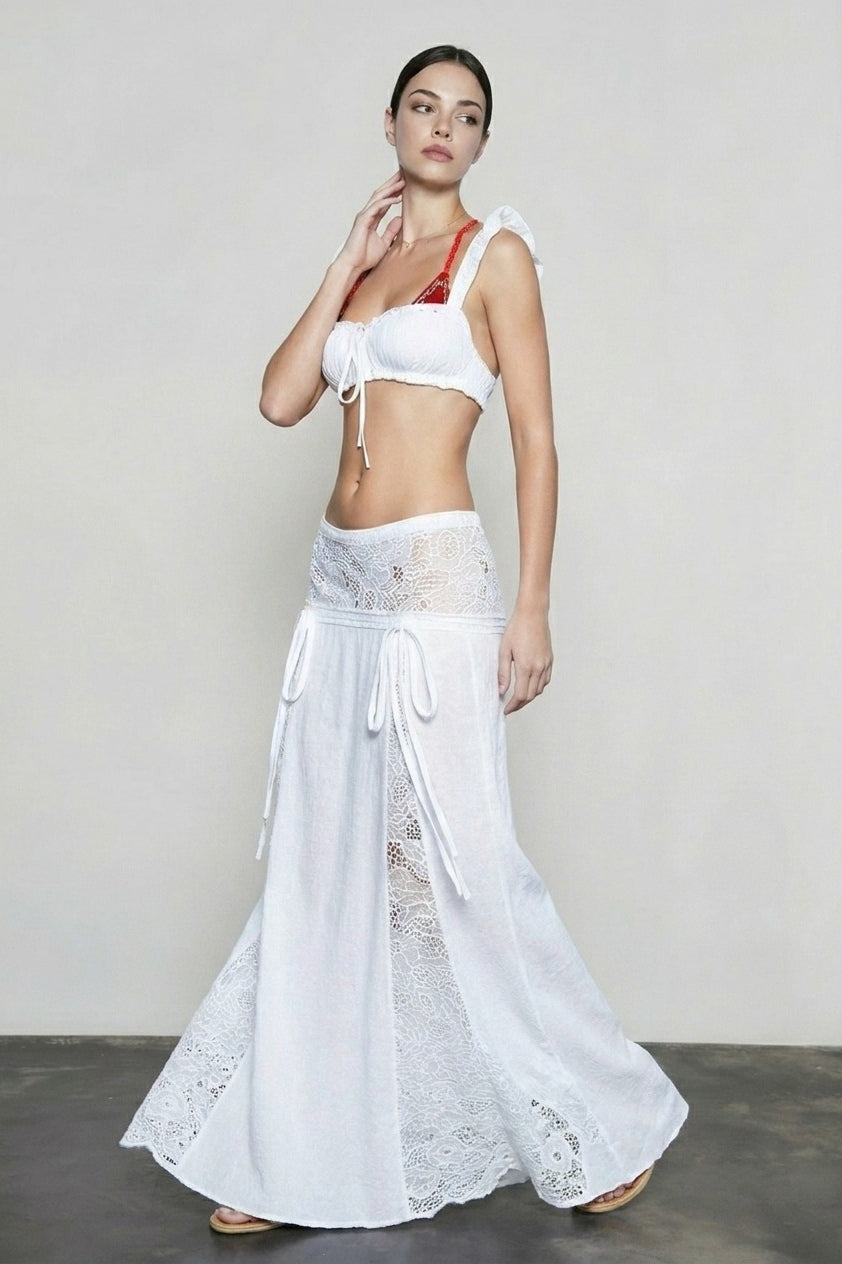 Lace trim elastic waist two piece vacation set
