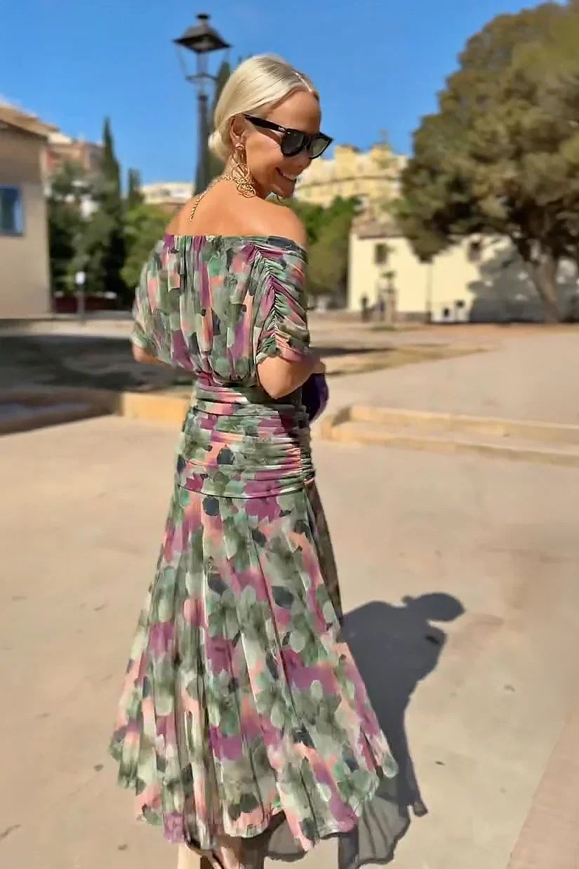 V-Neck Wrap Flutter Sleeve Chiffon Ruched Flowy Maxi Dress