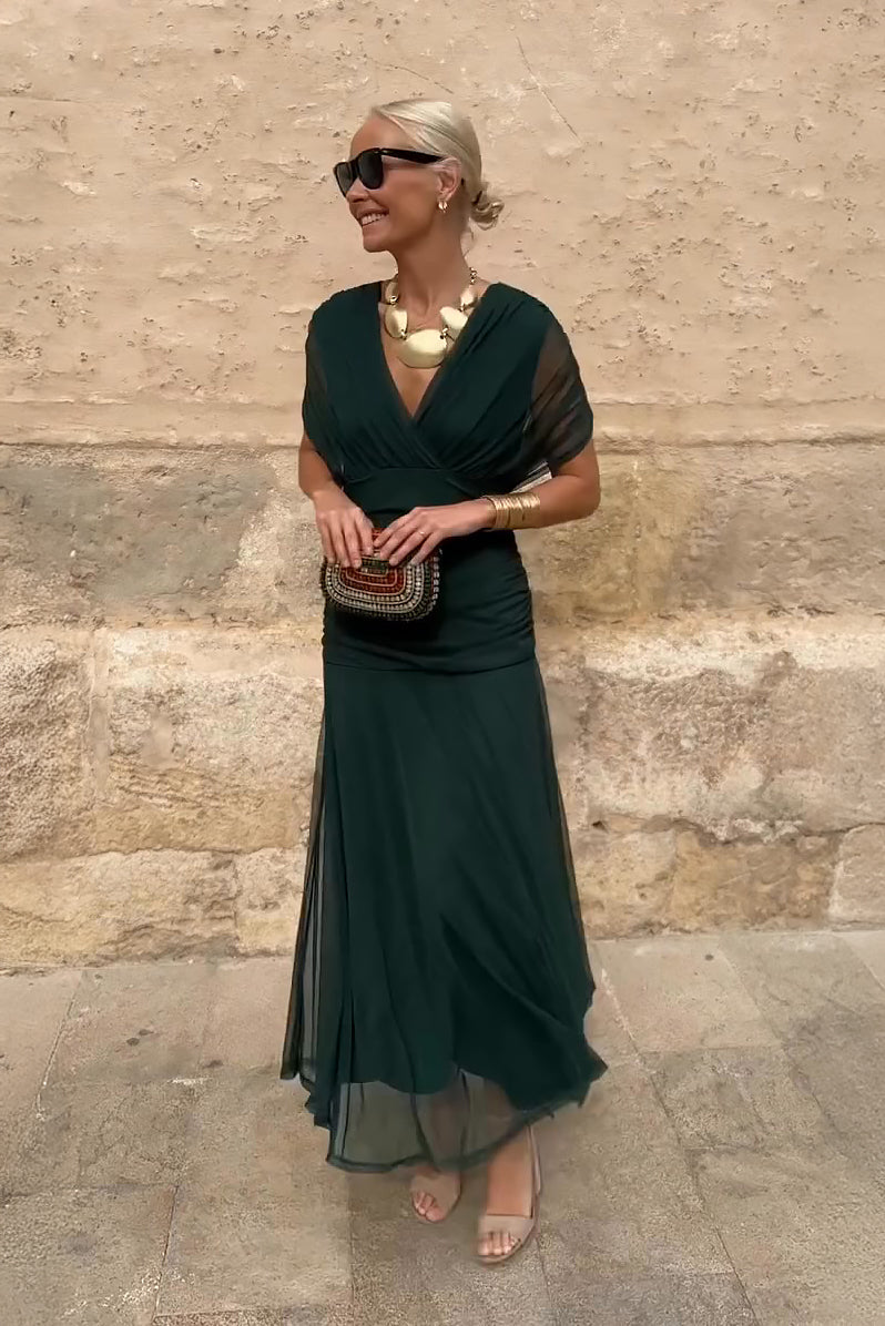 V-Neck Wrap Ruched Mesh Flutter Sleeve Flowing Maxi Dress