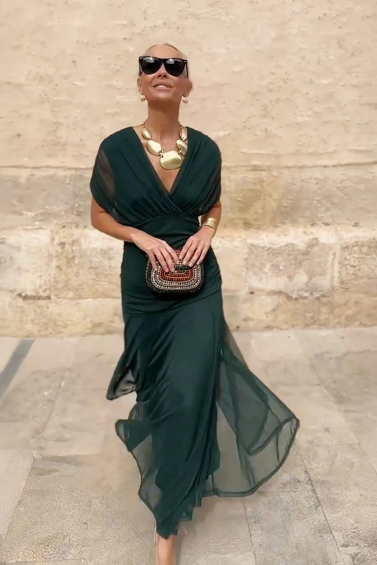 V-Neck Chiffon Ruched Waist Short Sleeve Flowy Maxi Dress