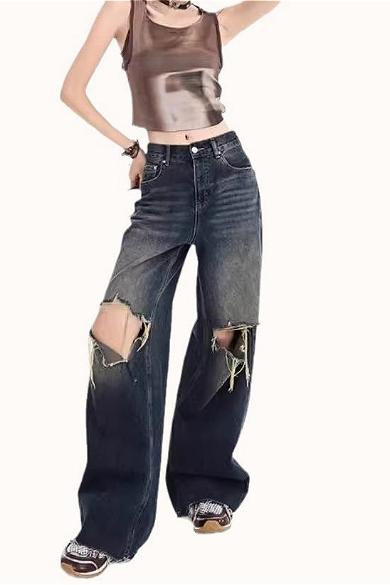 Vintage Distressed Raw Hem Low-Rise Wide-Leg Jeans