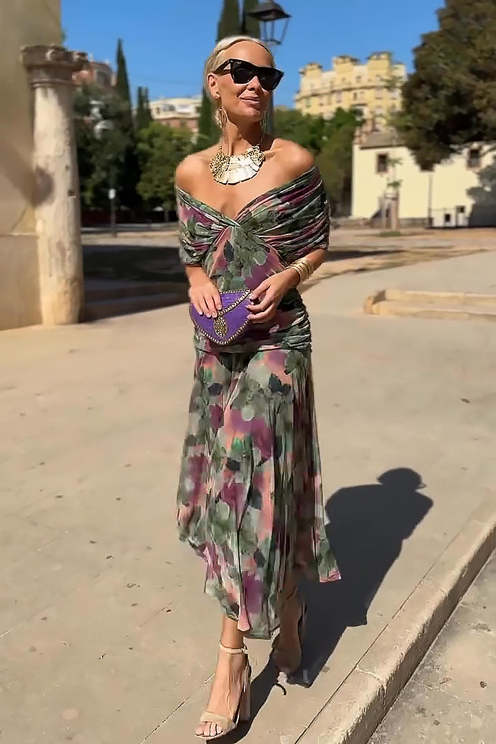 V-Neck Wrap Flutter Sleeve Chiffon Ruched Flowy Maxi Dress