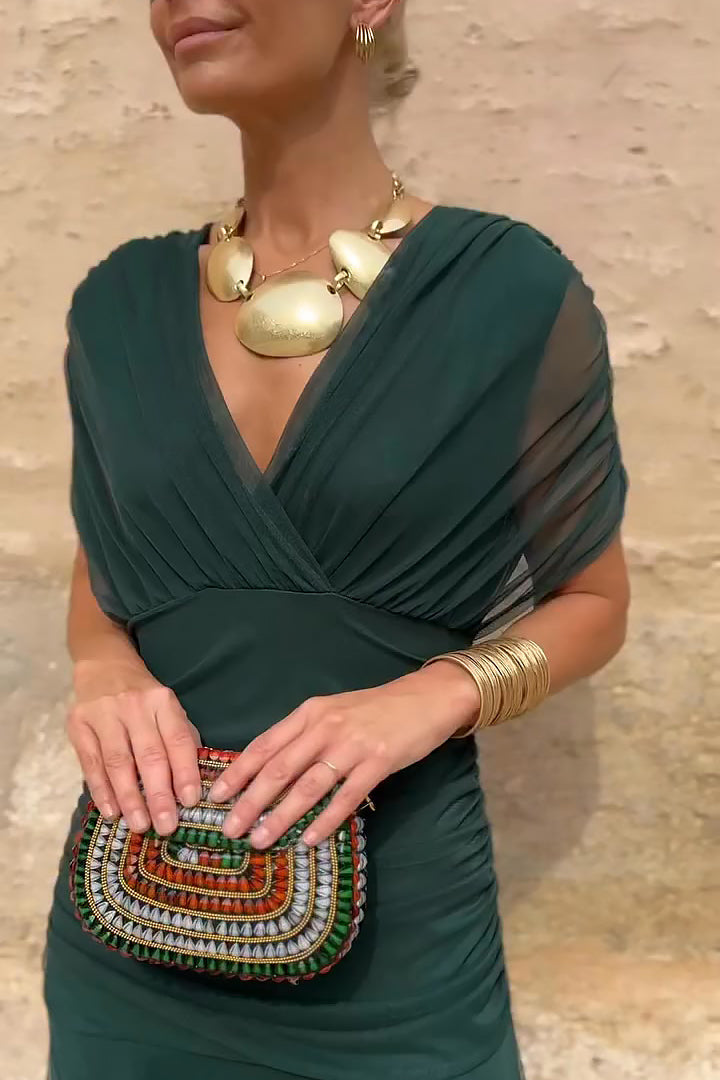 V-Neck Chiffon Ruched Waist Short Sleeve Flowy Maxi Dress