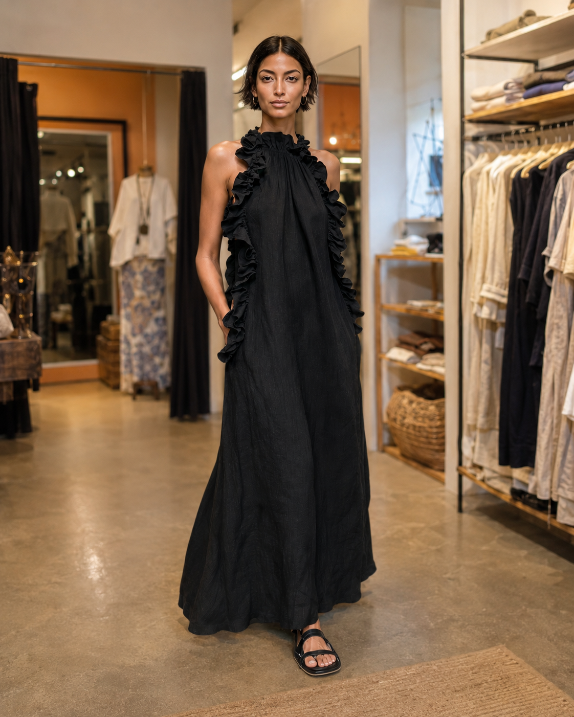 Halter Neck Ruffle Trim Linen Column Maxi Dress 9