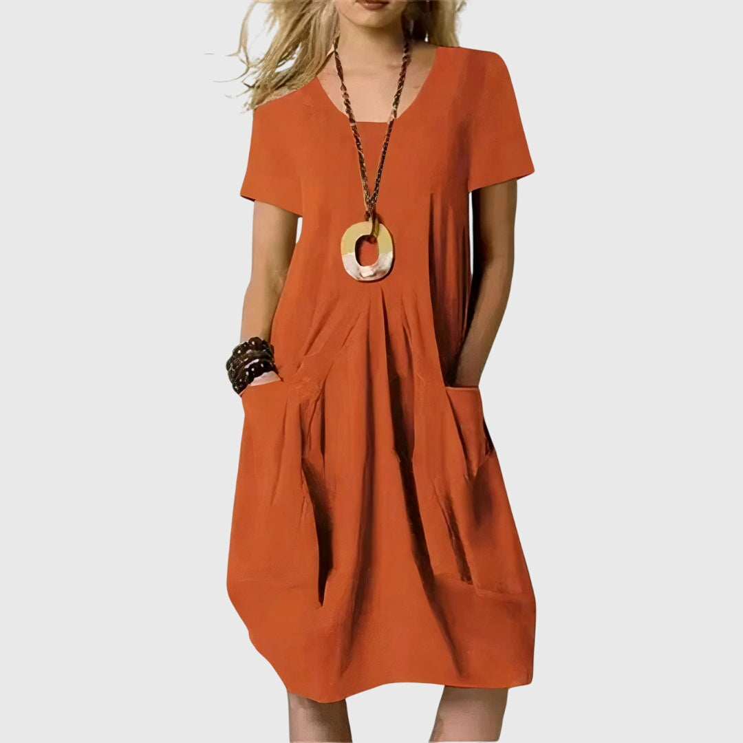Round Neck Short Sleeve Pocket Cocoon Shift Midi Dress