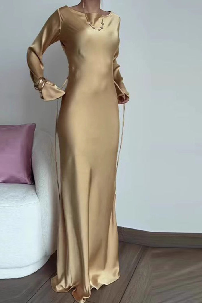 Round Neck Long Sleeve TieWaist Silk Dress