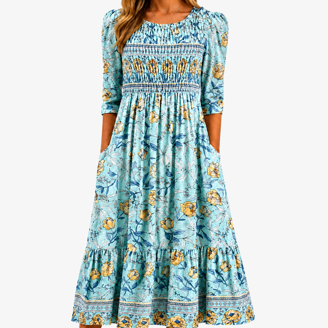 Round Neck Smocked Floral Print Tiered Half Sleeve Midi Dress