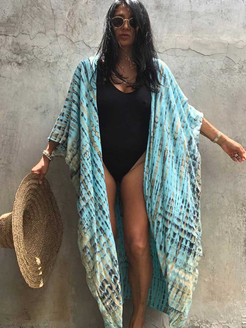 Tie-Dye Stripe Print Open Front Long Kimono Duster Robe 12