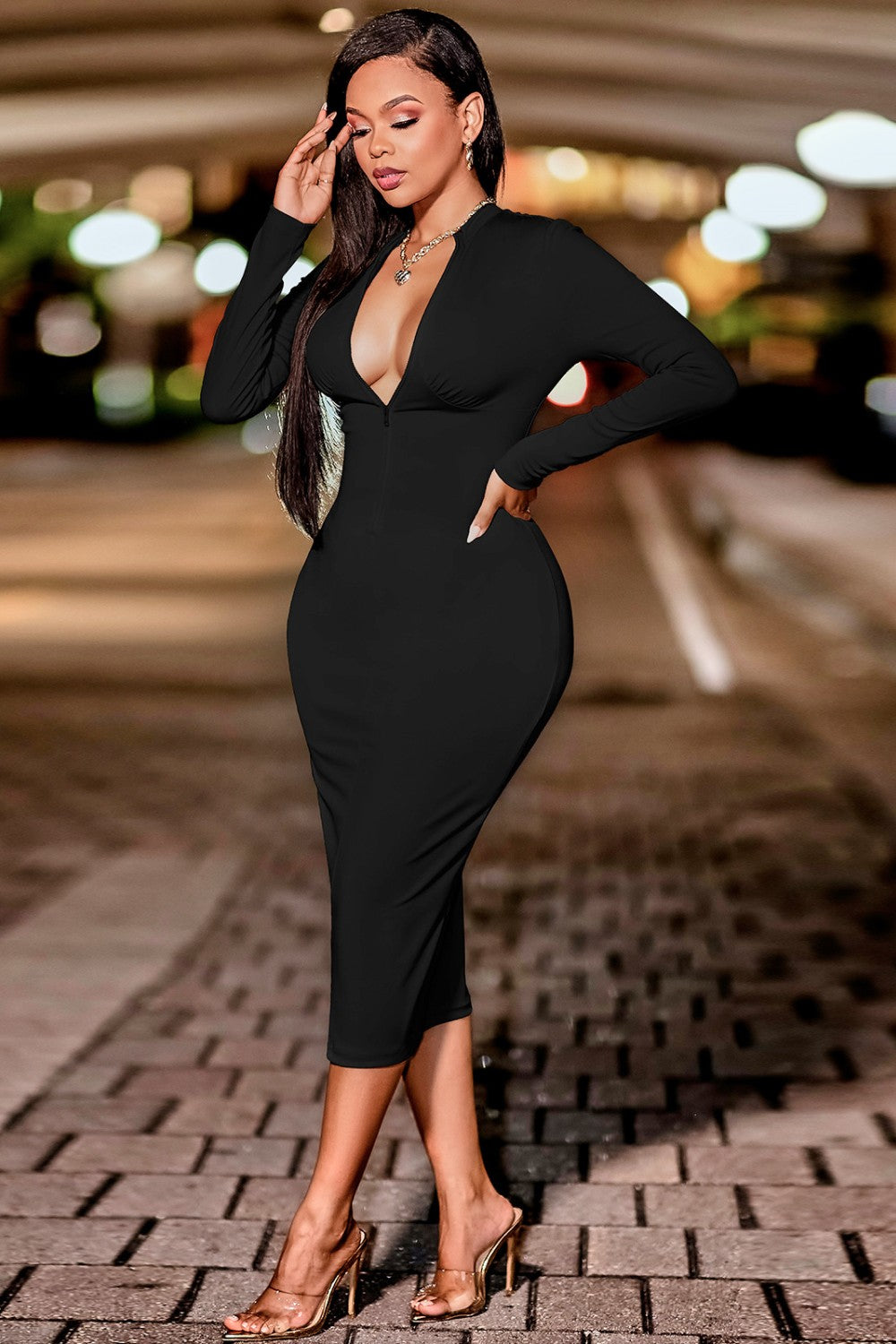 High Neck Zip Front Long Sleeve Cutout Bodycon Midi Dress