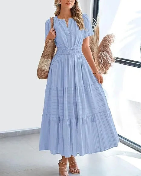 v-neck pleated puff sleeve dress black