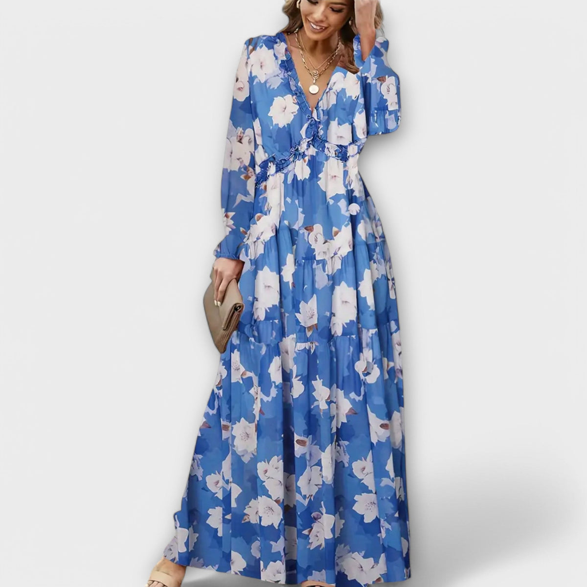 Ruffle Plunge V-Neck Floral Chiffon Long Sleeve Tiered Maxi Dress