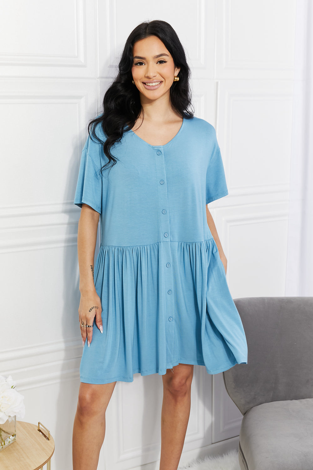Sky Blue V-Neck Short Sleeve Button Up Flare Babydoll Mini Dress
