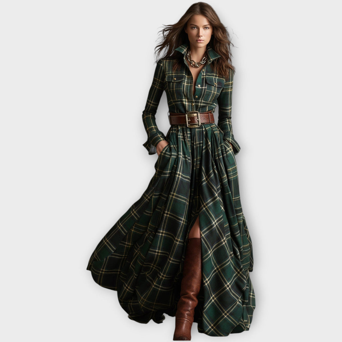 Collared Plaid Long Sleeve Belted Button-Front Flowing Maxi Shirt Dress