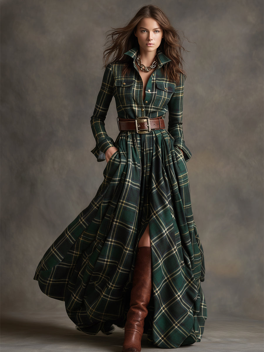 Collared Plaid Belted Long Sleeve High Slit Shirt Maxi Dress 8