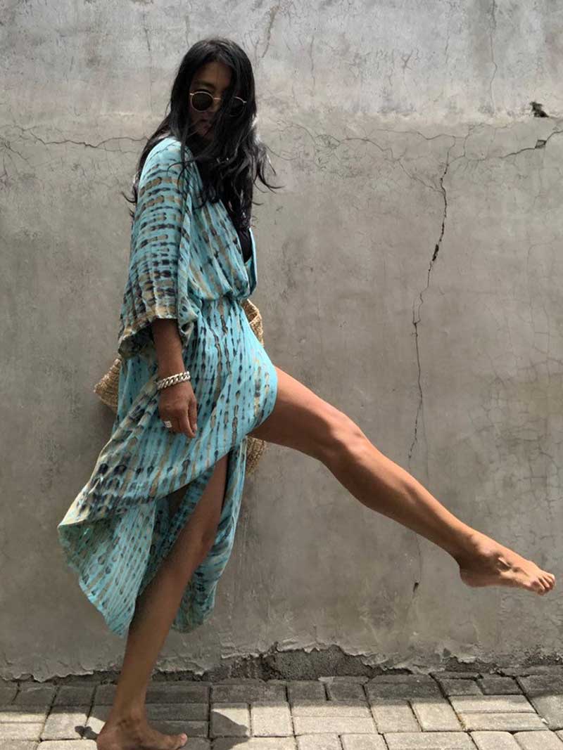 Tie-Dye Stripe Print Open Front Long Kimono Duster Robe 18