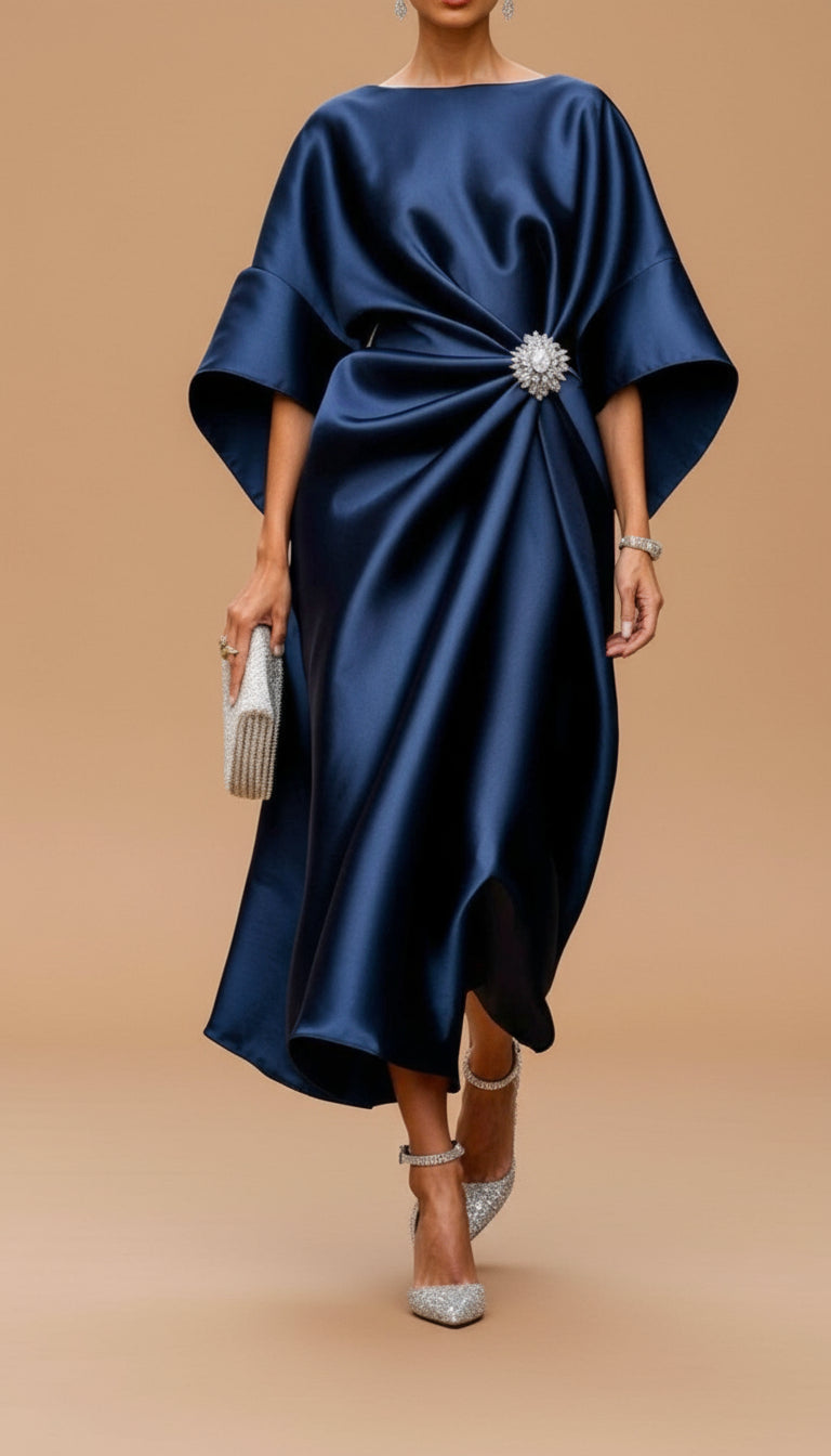 Boat Neck Satin Batwing Sleeve Rhinestone Ruched Front Midi Dress