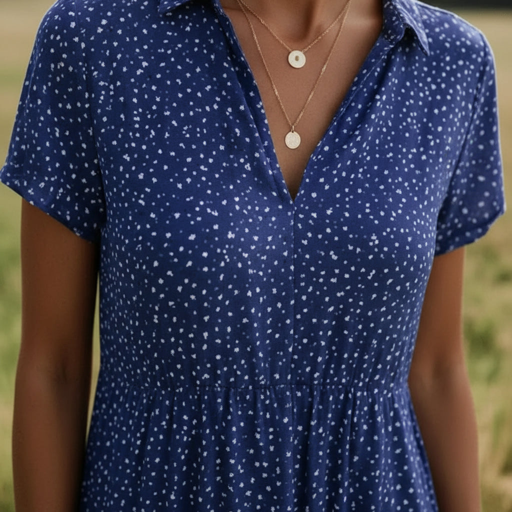 Dark Blue Split Neck Dotted Print Short Sleeve A-Line Midi Dress 4