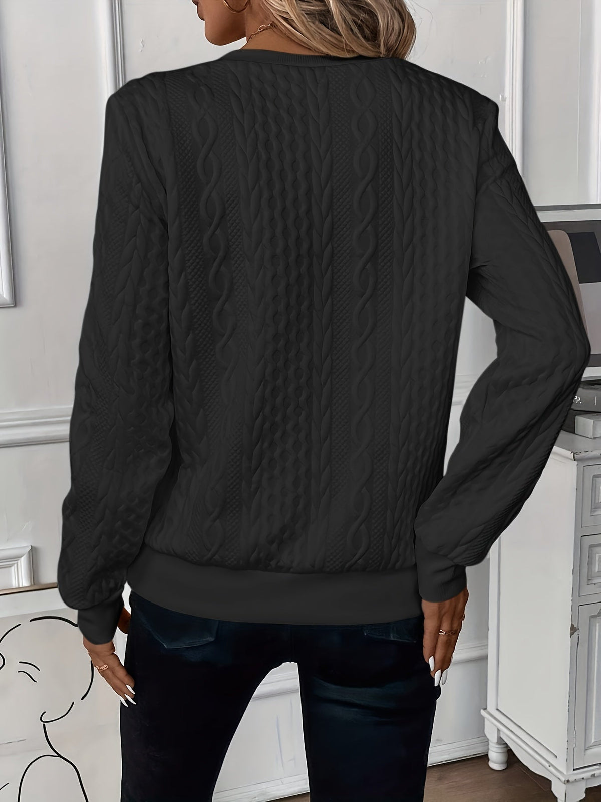 Round Neck Quarter Zip Cable Knit Long Sleeve Sweatshirt 14