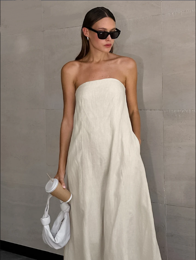 Daria Khaki Linen A-line Dress with Pockets for Women Easy Wear Style