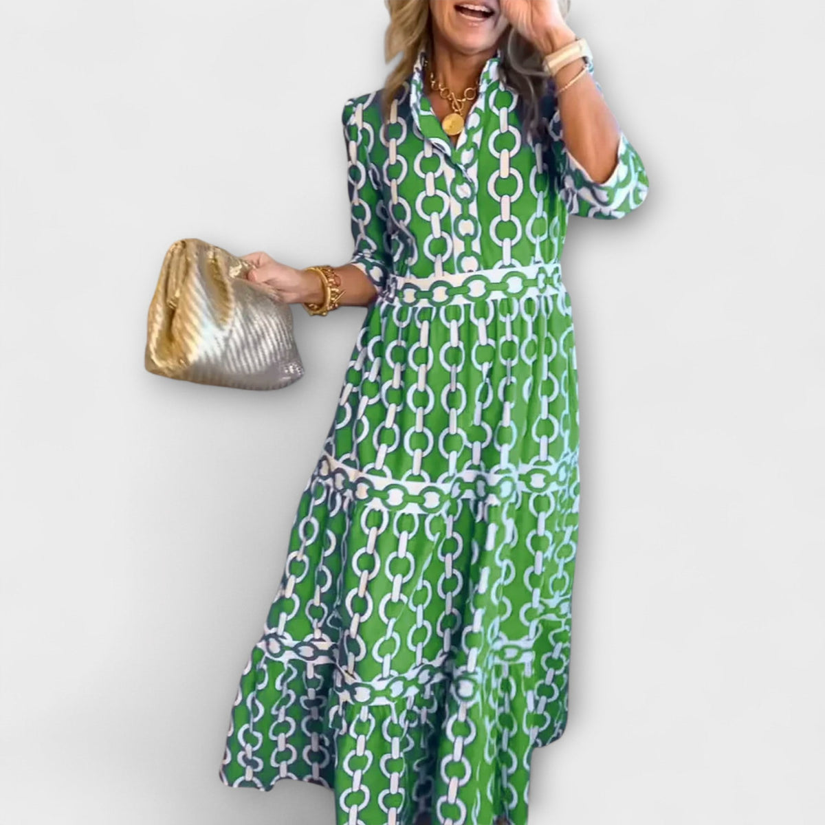 Collared Button Front Chain Print Three-Quarter Sleeve Tiered Maxi Dress