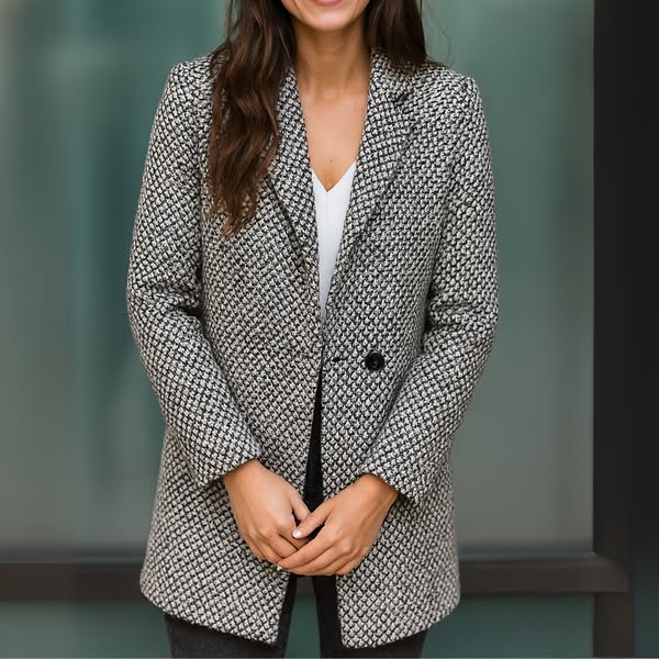 Black/white Notch Lapel Textured Tweed Single-Button Coat 3