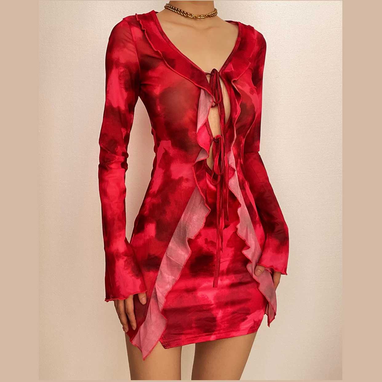 Long sleeve contrast print self tie ruffle mini dress