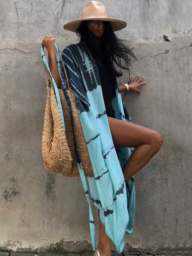Tie-Dye Print Belted Short Sleeve Long Kimono Duster Robe 15
