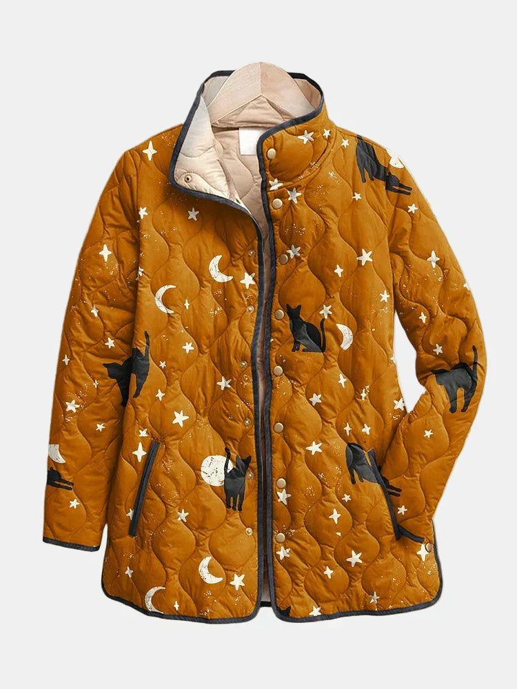 Multicolor Stand Collar Cat Moon Star Print Quilted Button Jacket