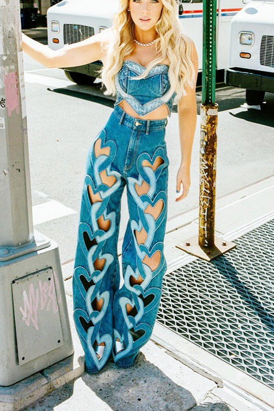 Y2K Heart Print Hollow-Out High-Waist Fashion Jeans