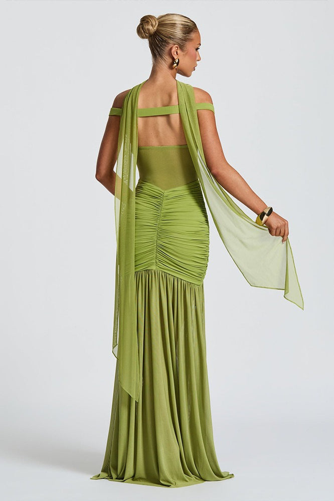 Strapless Backless Mesh Ruched Slit Party Dress
