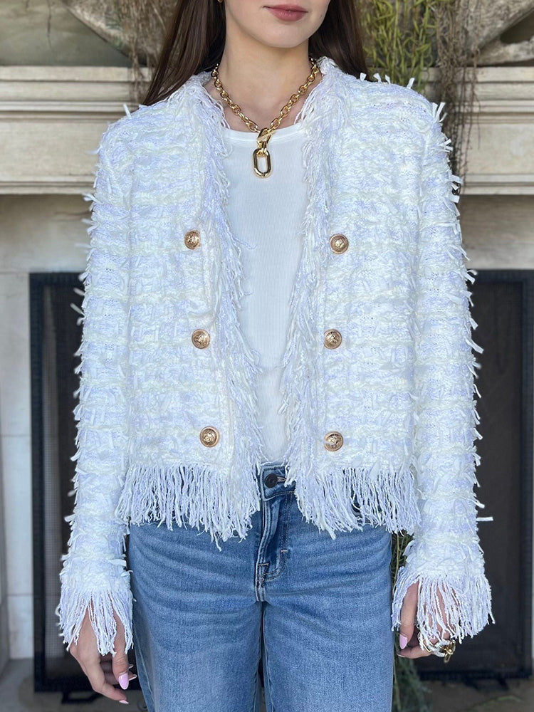 Fringe Trim Tweed Gold Button Cropped Jacket