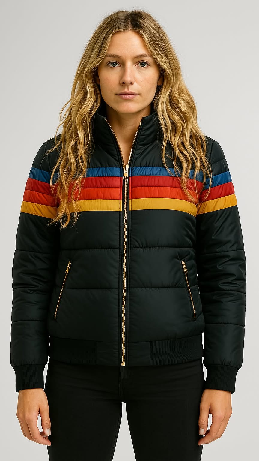 Hooded Zip-Up Colorblock Striped Puffer Jacket 4
