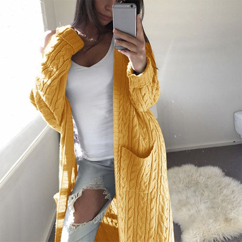 Open Front Cable Knit Pocket Long Sleeve Longline Cardigan 2