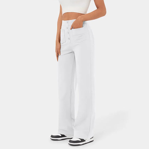 High Waisted Button Multiple Pockets Straight Leg Casual Pants