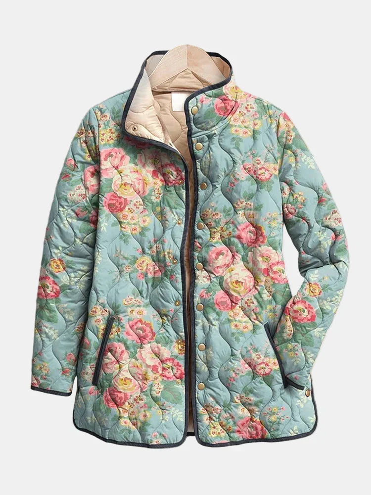 Multicolour Stand Collar Rose Floral Quilted Button Jacket