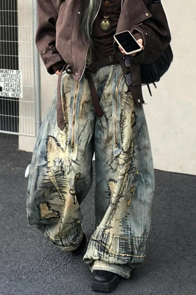 Retro Denim Wide Leg Mop Pants