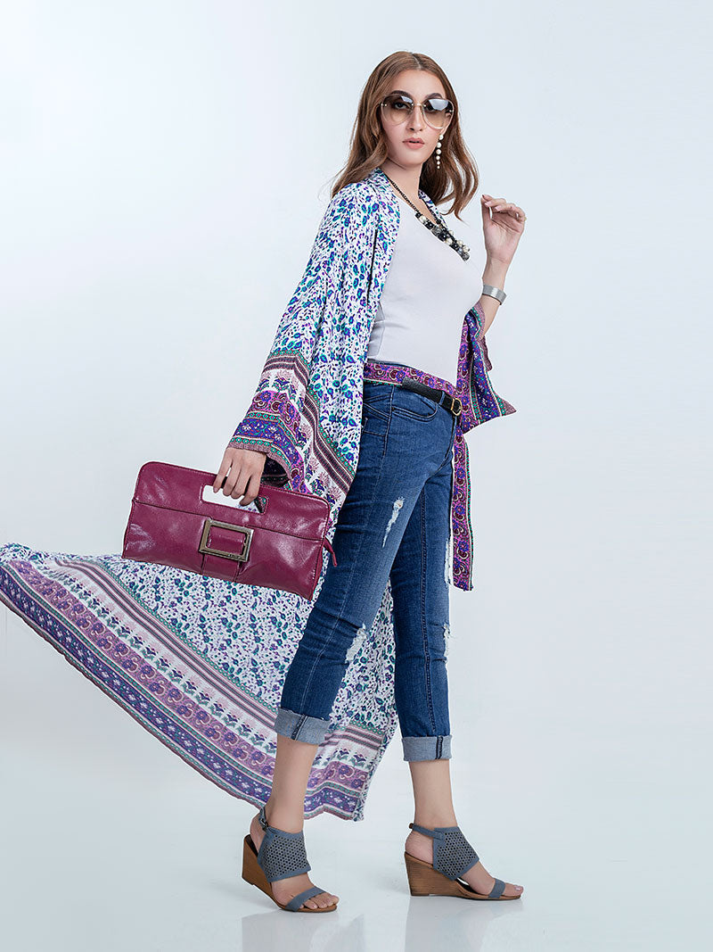 Ditsy Floral Print Wide Sleeve Bordered Long Kimono Robe