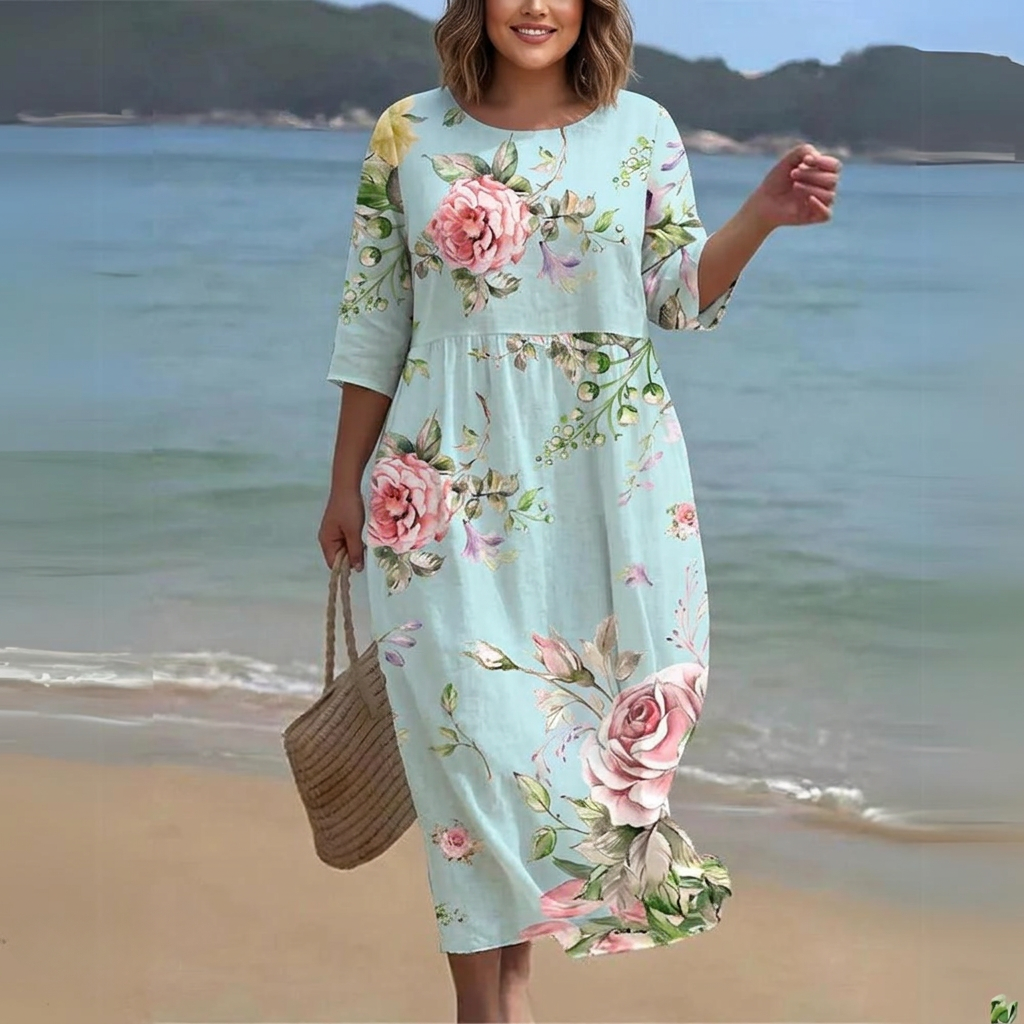 Round Neck Rose Floral Print Half Sleeve Empire Midi Dress