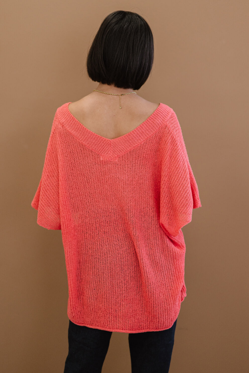Deep Coral V-Neck Short Sleeve Openwork Loose Knit Sweater