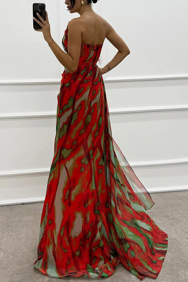 One-Shoulder Feather Trim Printed Ruched High Slit Maxi Gown