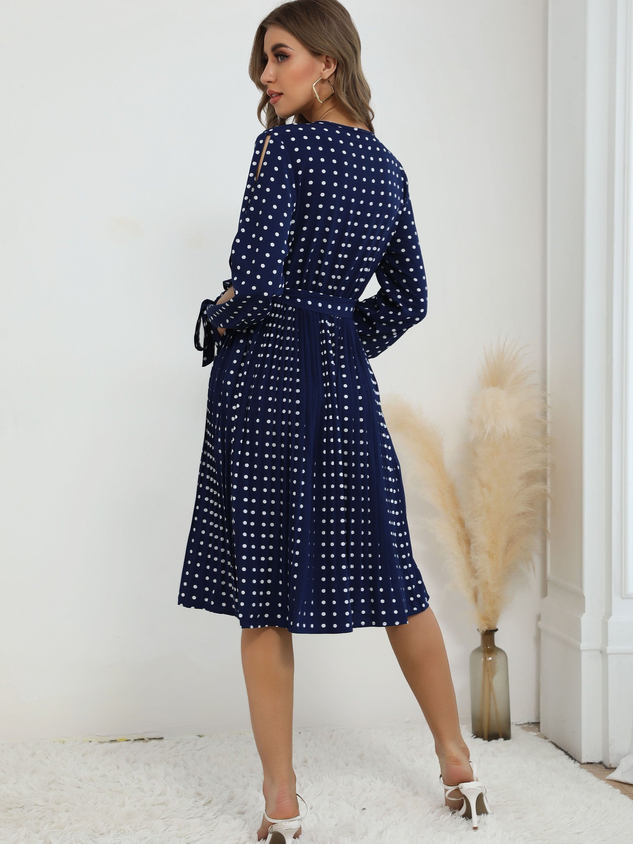 V-neck pleated Blue Polka Dot Dress