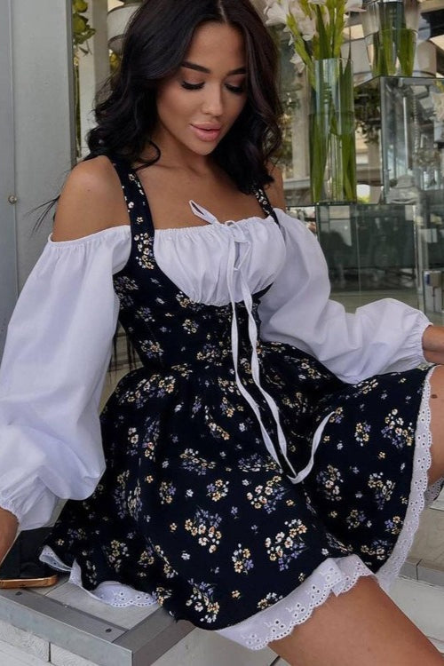 Two Piece Puff Sleeve Strapless Floral Dress