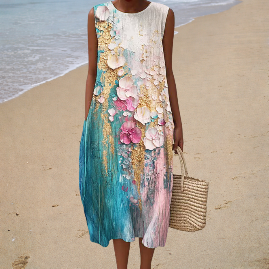 Round Neck Sleeveless Floral Oil Painting Print Cocoon Midi Dress