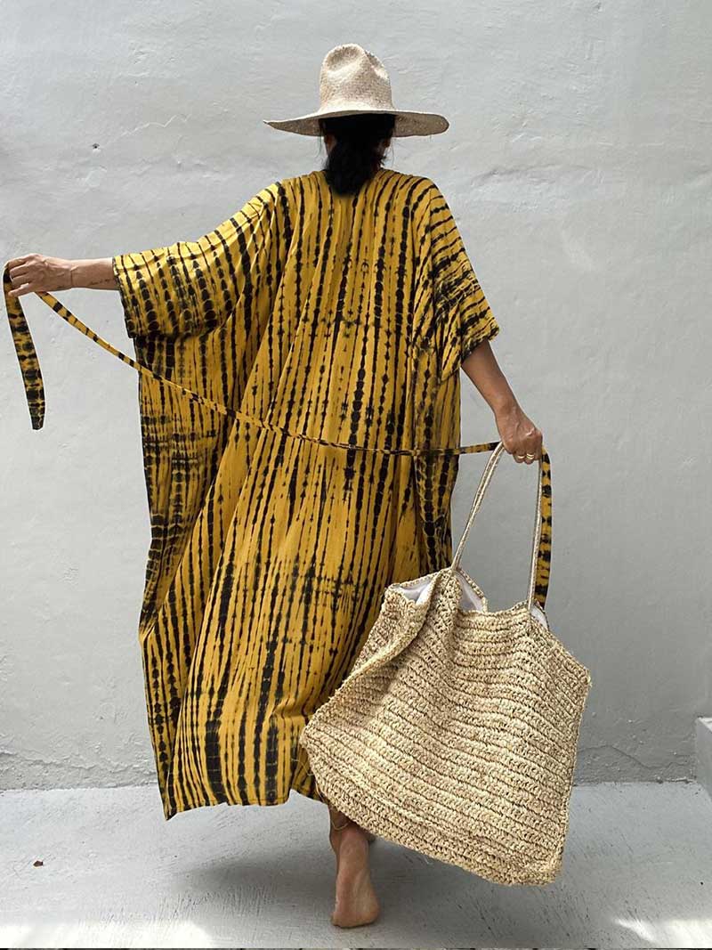 Tie-Dye Stripe Print Open Front Long Kimono Duster Robe 5