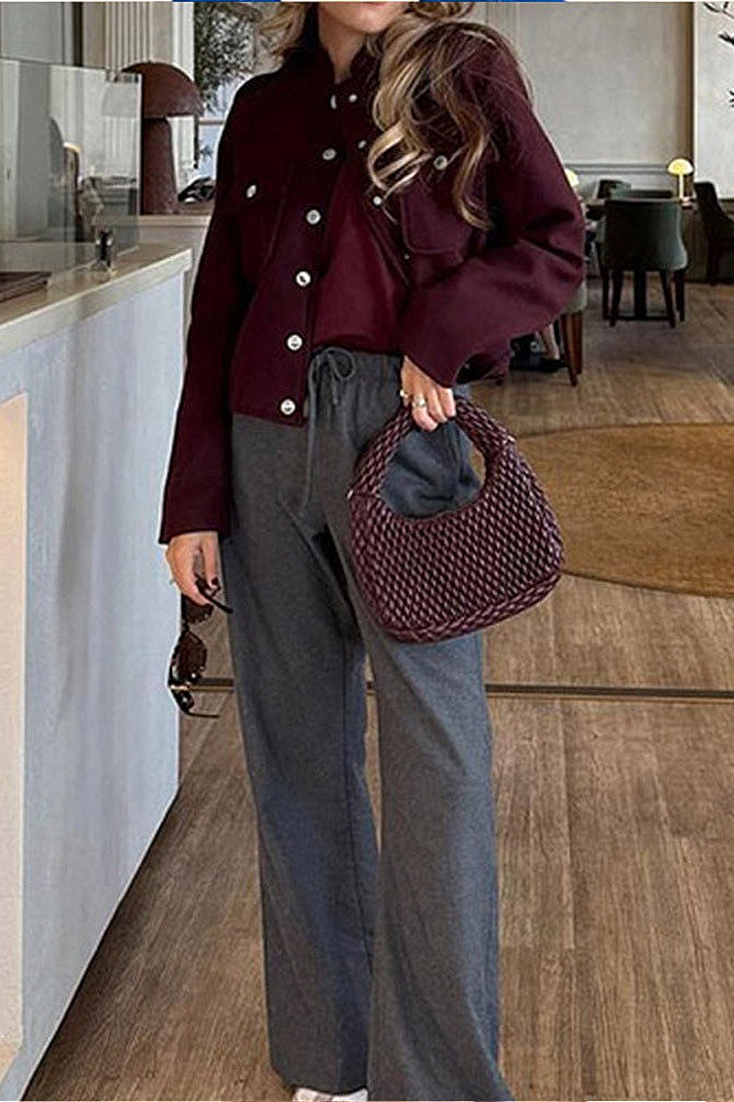 Wine Red Stand-Collar Loose Retro Jacket