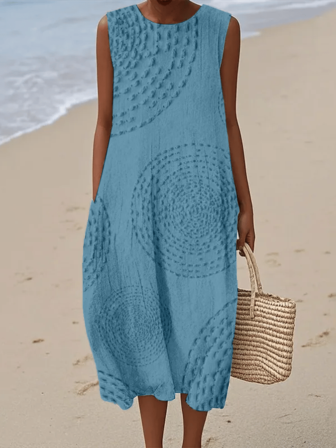 Round Neck Sleeveless Textured Circle Print Cocoon Midi Dress 4