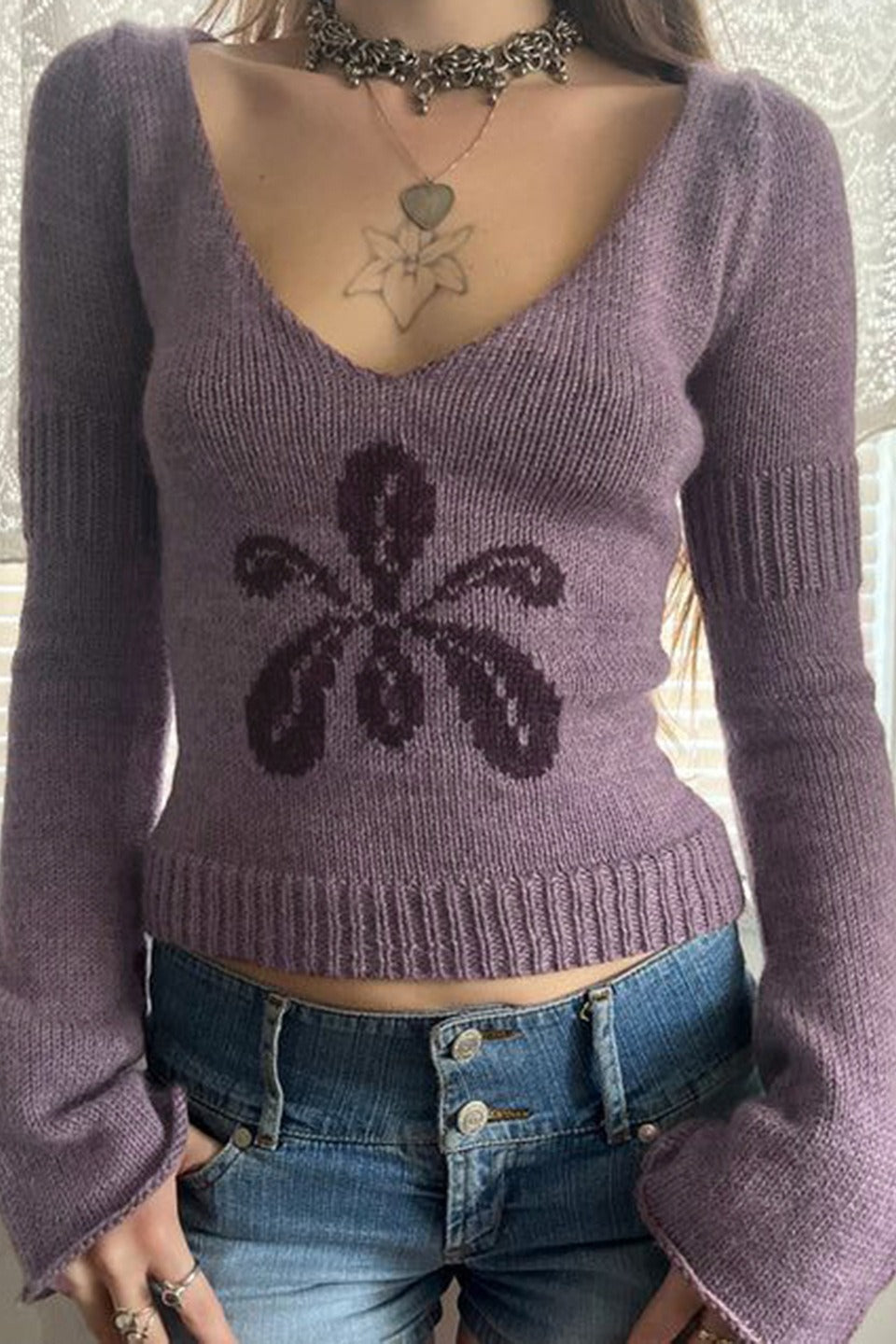 Relaxed Fit VNeck Floral Sweater